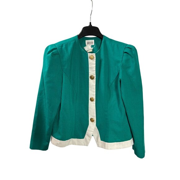 Vintage Leslie Fay Teal White Button Front Blazer Jacket Petite Size 14P - Picture 1 of 5